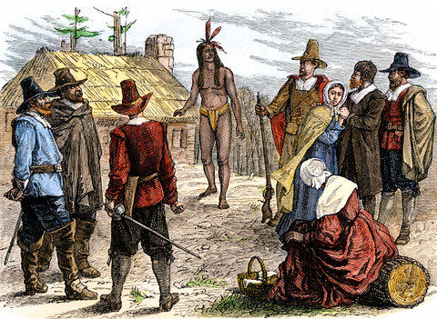 Samoset visiting Pilgrim colonists at Plymouth, 1620s.